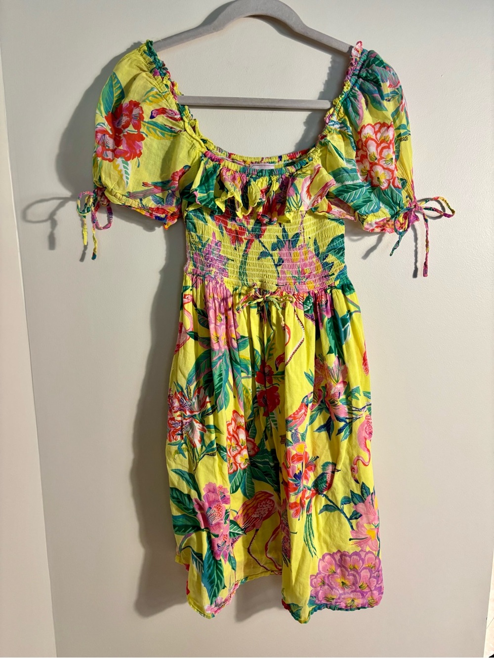Banjanan Fox Glove Floral Mini Cotton Smocked SunDress Bright Tropical Print